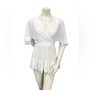 Jopra Lace Tunic Top Womens M White Flounce Sleeve Ruffle Hem Faux Wrap Tie Back